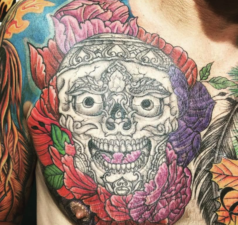 Celtic skull and floral tattoo by Goose at Old Town Tattoo