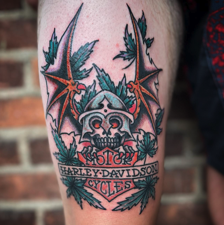 Harley Davidson skull tattoo by Pat at Old Town Tattoo Saginaw