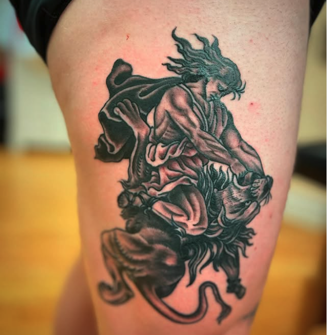Lion and valkyrie tattoo by Pat Schreader